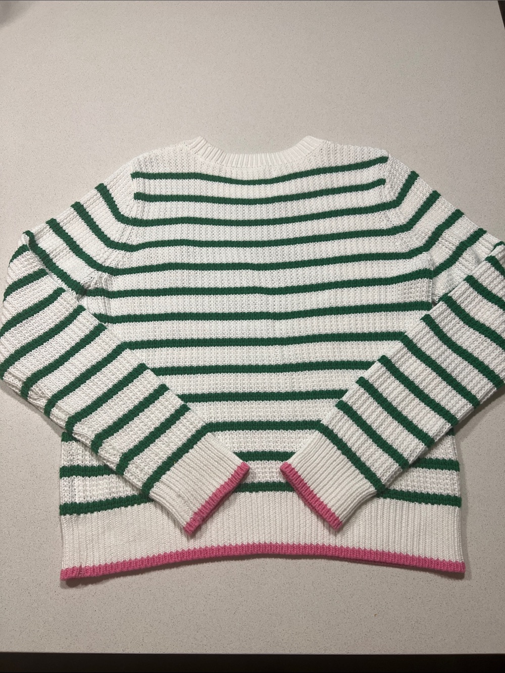 Lilly Pulitzer Jovienne Cotton Sweater, green white stripe, pink trim. Like New. - Picture 8 of 9